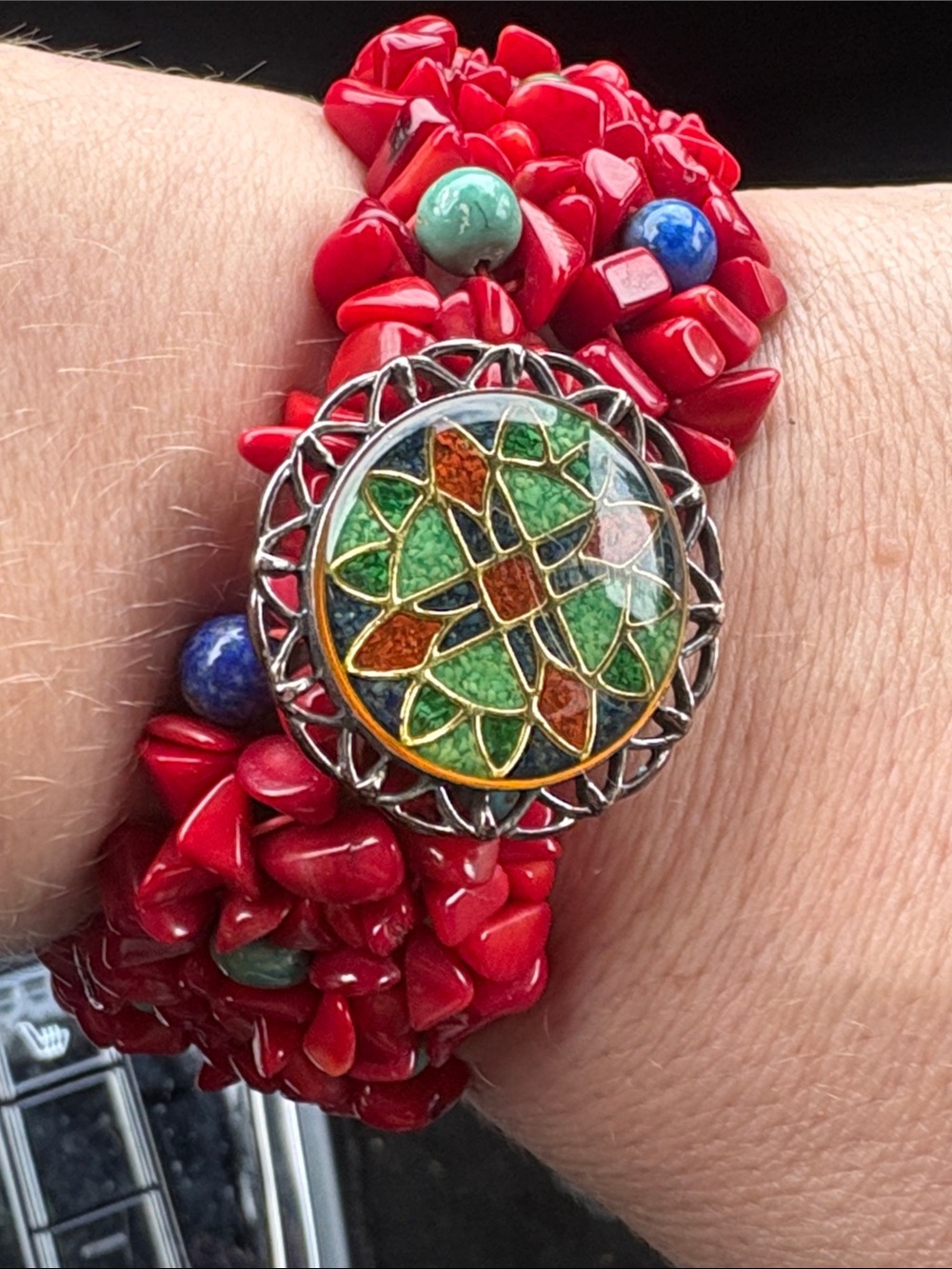 Sterling Inlay Medallion Multi-Stone Stretch Bracelet coral